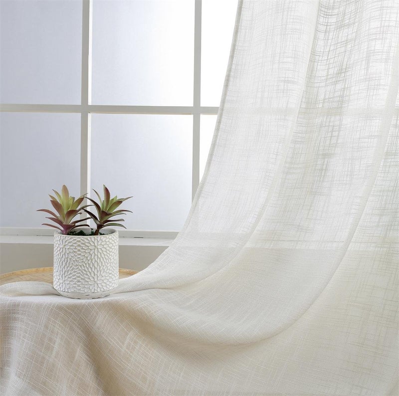 MIUCO Semi Sheer Curtains Poly Linen Textured Solid Grommet Curtains 84 Inches Long for Bedroom 2 Panels (2 x 37 Wide x 84" Long) Beige - Image 3